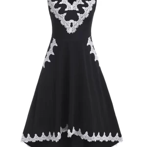 Dresslily Women Contrast Lace Panel High Waist Sleeveless High Low Dress Clothing Xl Black