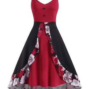 Dresslily Women High Low Midi Casual Dress Floral Panel Overlay Mock Button Slit High Waist Sleeveless Summer Dress Clothing Xl Deep red