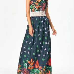 Leaf Flower Print Sundress Crochet Waist Long Cami Dress Xl Blue