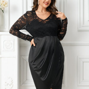 Plus Size Contrast Lace Pleated Long Sleeve Tulip Hem Dress