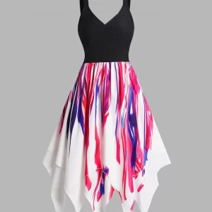 Colorful Print Surplice Dress Handkerchief Hem Casual Midi Dress
