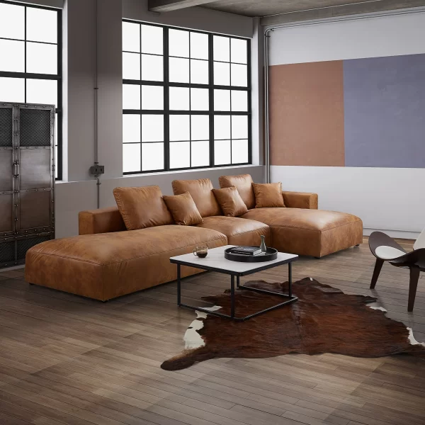 Tan air leather 116" left arm facing open sectional double lounger - Image 4