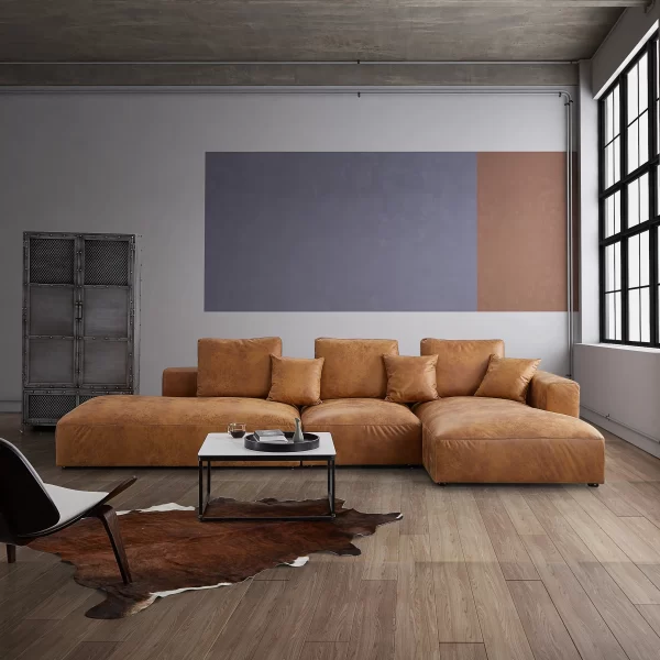 Tan air leather 116" left arm facing open sectional double lounger - Image 2