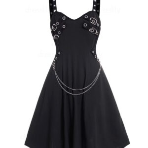 Plain Color Dress Grommet Buckle Chain Embellishment High Waisted Sleeveless a Line Midi Dress